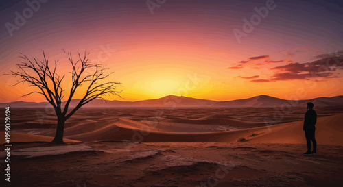 A breathtaking view of a desert landscape featuring a vibrant orange and red sky at sunset and sunrise with mountain silhouettes under soft clouds at dawn and dusk