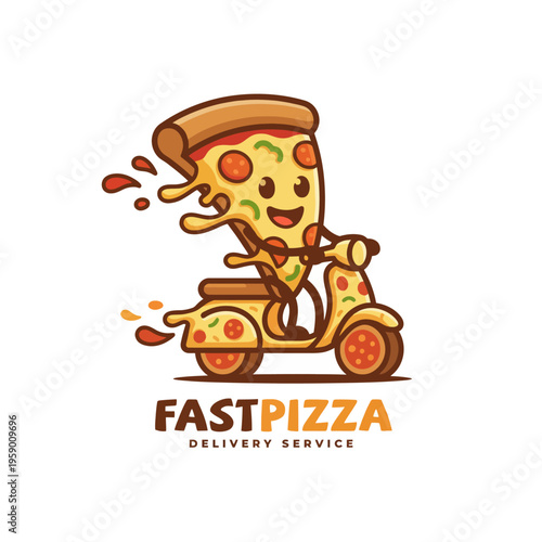 A cheerful logo featuring a pizza character riding a scooter, conveying the excitement and speed of pizza delivery, perfect for a fun and fast-paced food delivery brand.