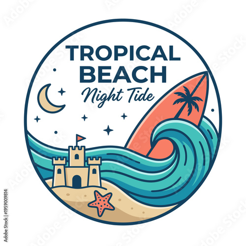 A vibrant tropical beach scene featuring a striking surfboard, crashing waves, a crescent moon, and a sandcastle, capturing the essence of a carefree summer night.