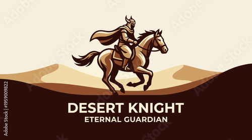 An iconic desert knight on horseback, adorned in armor, embodying strength and bravery while navigating the sandy dunes under the bright, expansive sky.