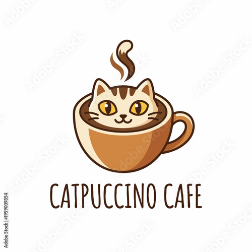 A delightful logo for a cat-themed cafe, featuring a cute cat in a coffee cup, perfect for attracting animal lovers and cafe patrons alike.