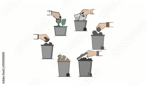 Circular recycling icons with hands sorting waste into bins eco friendly garbage disposal outline vector set