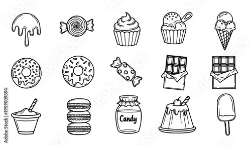 Hand drawn sweets line icons with candy chocolate cupcake and dessert symbols in minimal outline vector style