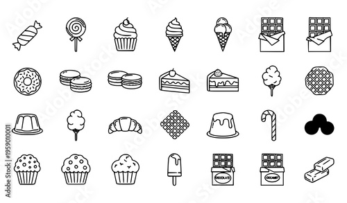 Sweet dessert line icons set with candy cupcake ice cream chocolate and bakery outline symbols for food concept design