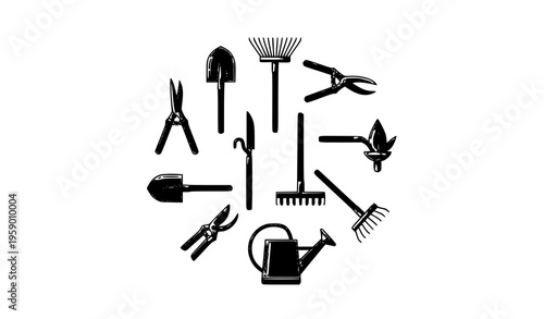 Gardening tools outline icons in circular layout with shovel rake pruning shears and landscaping symbols vector set