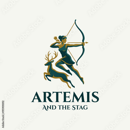 A powerful depiction of Artemis poised to shoot her arrow, accompanied by a majestic stag, symbolizing nature, strength, and the mythological connection to wildlife.