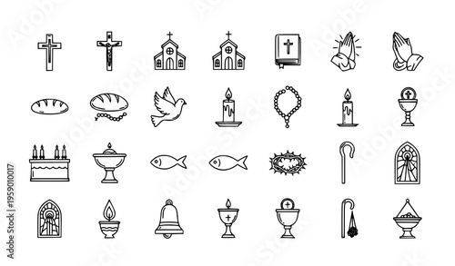 Christian religious line icons set with cross church bible praying hands and sacrament symbols vector
