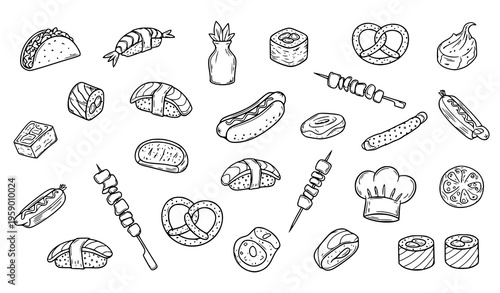 Hand drawn doodle food icons set with taco sushi hot dog pretzel skewers and chef hat sketch vector collection
