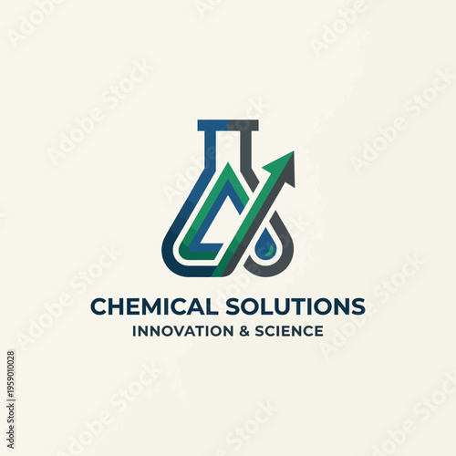 This logo captures the essence of scientific discovery with flasks and upward arrows, representing innovation, progress, and advancements in chemical solutions and technology.