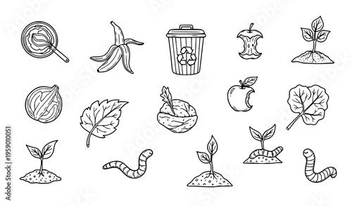 Hand drawn composting icons set with organic waste elements food scraps and eco recycling process vector collection
