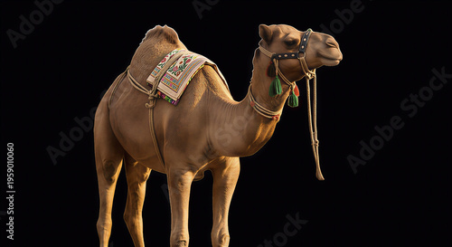 Sacrificial Camel for Eid al-Adha Celebration with Decorative Harness,Majestic Brown Camel Standing Against a Solid Black Backdrop,3d digital illustration of Camel 
