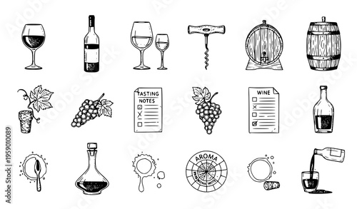 Hand drawn wine sketch icons set with glasses barrel bottle grapes and tasting notes vector illustration