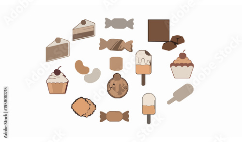 Modern sweets outline icons collection in circular layout with candy dessert and bakery symbols for food themed design