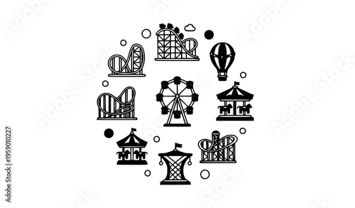 Amusement park icons in circular layout with roller coaster ferris wheel carousel and hot air balloon outline vector set