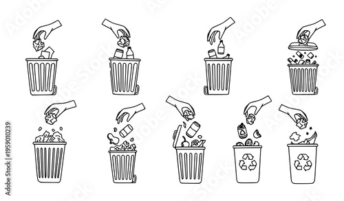 Hand drawn waste disposal icons with hands throwing garbage into trash cans and recycling bins vector outline set