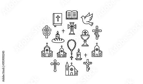 Modern Christian worship outline icons in circular layout with church symbols sacrament elements and faith vector set