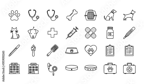 Veterinary clinic line icons set with pet care paw stethoscope dog cat and medical symbols vector illustration