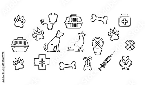 Hand drawn veterinary icons set with pet care symbols dog cat paw and medical tools outline vector collection