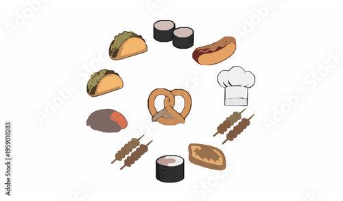 Hand drawn food outline icons in circular layout with taco sushi hot dog pretzel and chef hat vector set