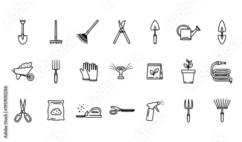 Simple gardening tools line icons set with shovel rake pruning shears and landscaping equipment vector illustration