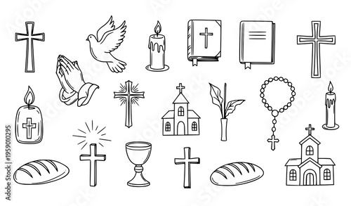 Hand drawn Christian religious icons with church worship symbols and sacrament elements outline vector set
