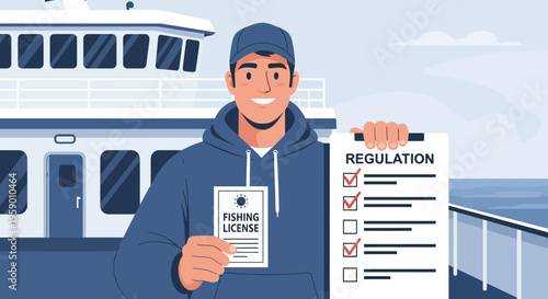 Fisherman holding fishing license and regulation document.