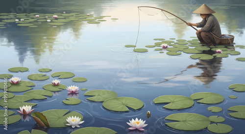 Fisherman in conical hat fishing on lily pad pond.