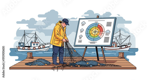 Fisherman with Net and Data Chart on Dock.