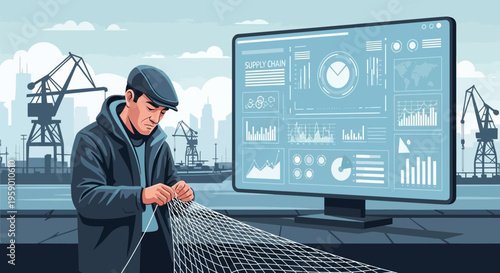 Fisherman working with net near advanced technology screen.