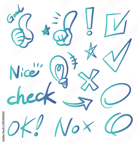 手書きのイラストセット チェックボックス 丸 矢印 ハンドサイン	落書き