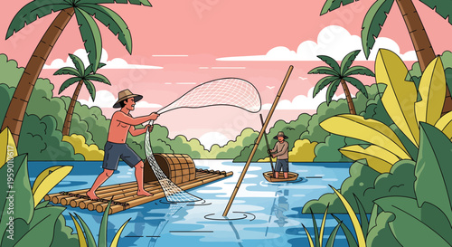 Fishermen on Rafts Catching Fish in Tropical River.