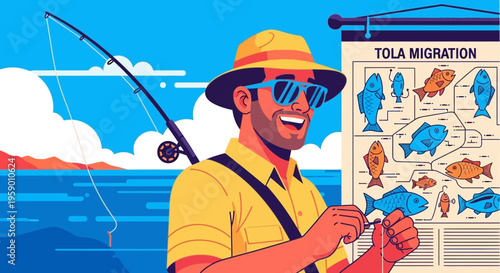 Happy Fisherman Preparing Bait Near Chart.