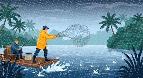 Fishermen casting nets in heavy rain on a raft.