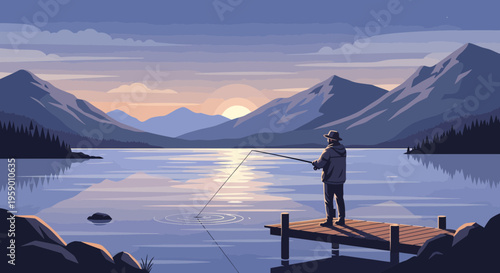 Lone Fisherman on Wooden Dock at Sunrise.