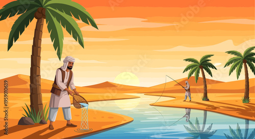 Man drawing water from river in desert landscape.