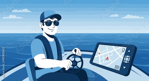 Man driving a boat with GPS navigation system.