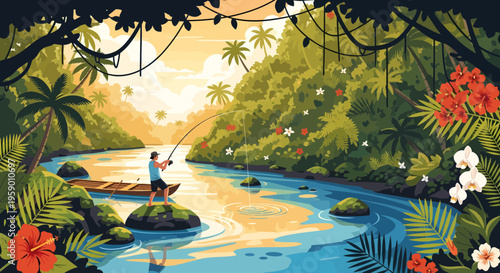 Man fishing from a boat in a tropical river.