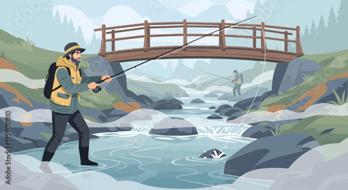 Man fishing in a clear stream with a bridge overhead.