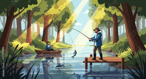 Man fishing from wooden pier with caught fish.