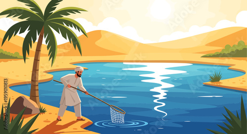 Man fishing in a desert oasis with a net.