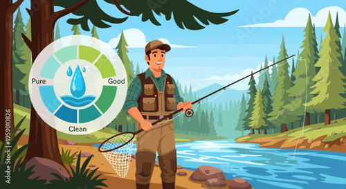 Man fishing in a river with a gear and a water quality meter.