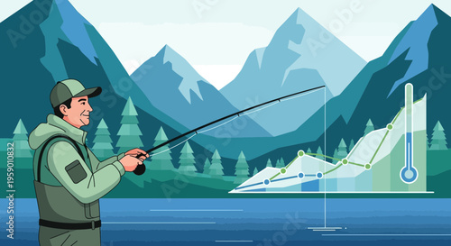 Man fishing in lake with mountain background and financial graph overlay.