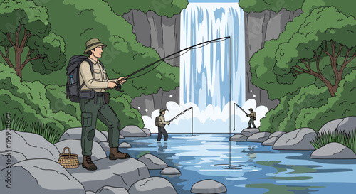 Man fishing in river near waterfall.