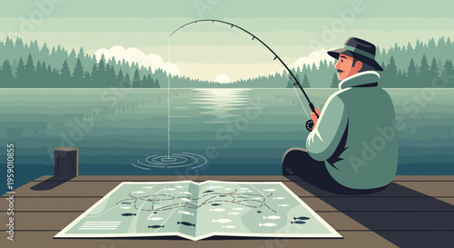 Man fishing on a wooden dock with a fishing rod.