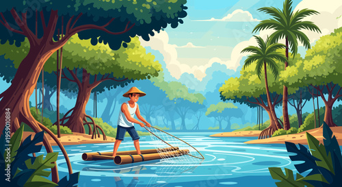 Man Fishing on Bamboo Raft in Tropical River.