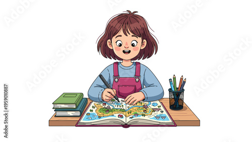Smiling cartoon girl drawing a detailed fantasy map in an open book at her desk, surrounded by art supplies. Concept of imagination & learning.