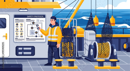 Man in safety vest points to safety instructions on ship deck.