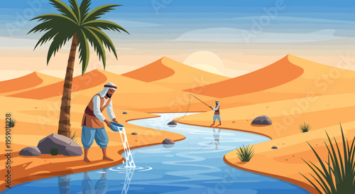 Man in traditional clothing collecting water from a desert oasis stream.
