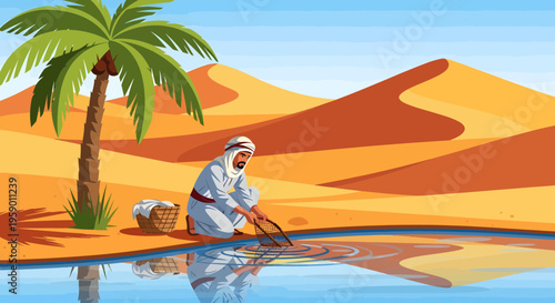 Man in traditional clothing at desert oasis collecting water.