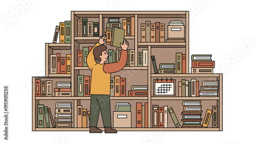 Person Organizing Books on Large Bookshelf. Flat Design Illustration of Library, Knowledge & Education.